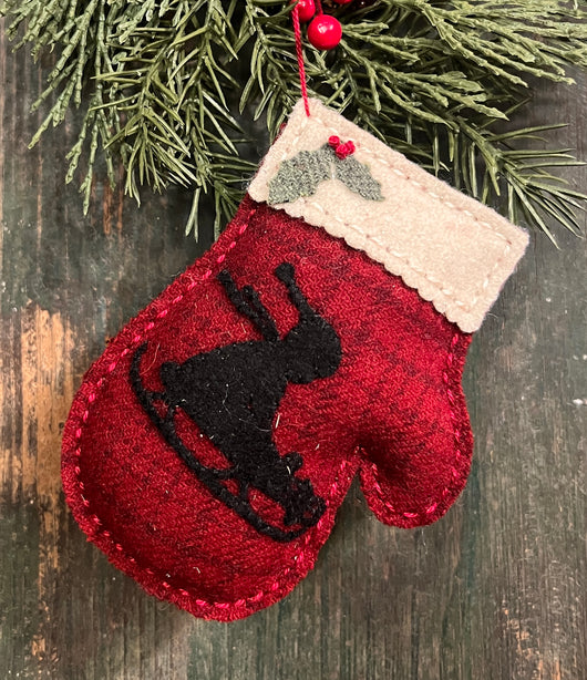 NG-138D Wool Dark Red Plaid Mitten Sled Ornament