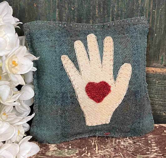 PB-284A Small Wool Heart in Hand Pillow - Teal