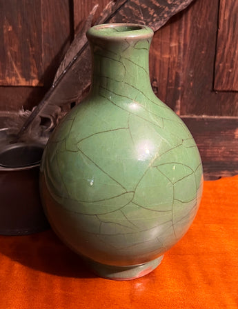SE-203 Redware Small Vase with Green Glaze