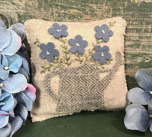 PB-48C Small Wool Watering Can Pillow with Blue Flowers