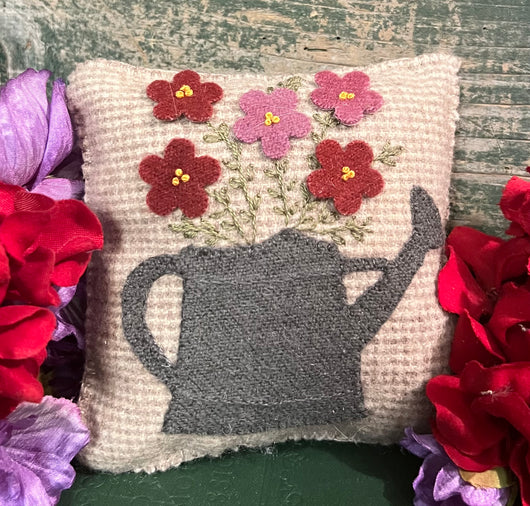 PB-48F Small Wool Watering Can Pillow with Mixed Flowers