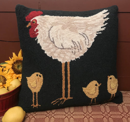 PH-010 Hen with 3 Chicks Wool Hooked Pillow