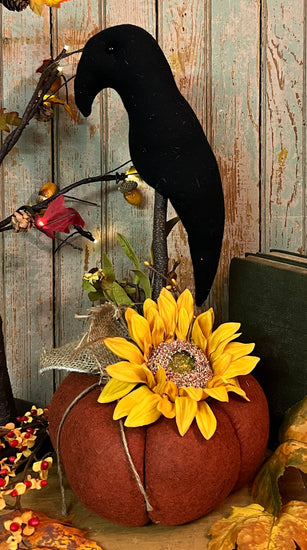 TBH-22P Wool Crow on Orange Pumpkin