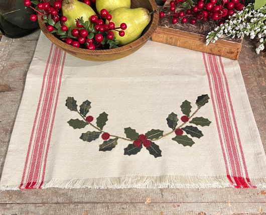 PB-123 Holiday Runner with Appliqued Wool Holly & Berries