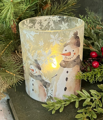 NET-48S Small Glass Candle Holder with Snowmen Design