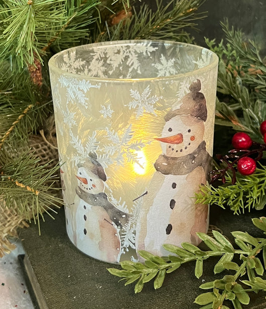 NET-48S Small Glass Candle Holder with Snowmen Design
