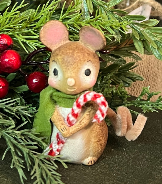 BLD-08 Brown Mouse with Candy Cane Figurine