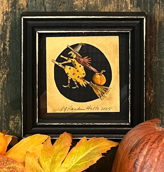 PJH-381 Witch on Broom with Pumpkin Framed Paper Cutting