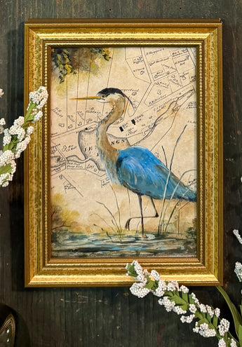 MKM-284 'Blue Heron on Old Map' ORIGINAL Painting by MK Moulton