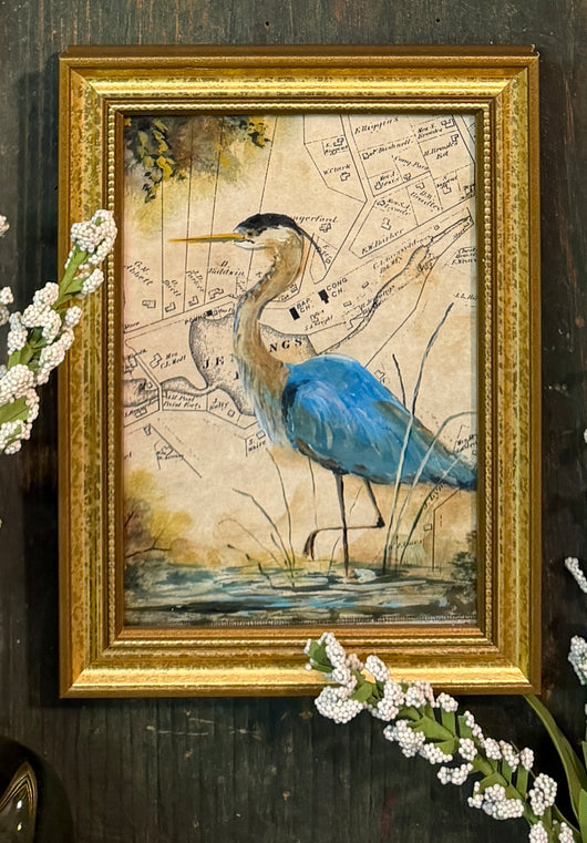 MKM-284 'Blue Heron on Old Map' ORIGINAL Painting by MK Moulton