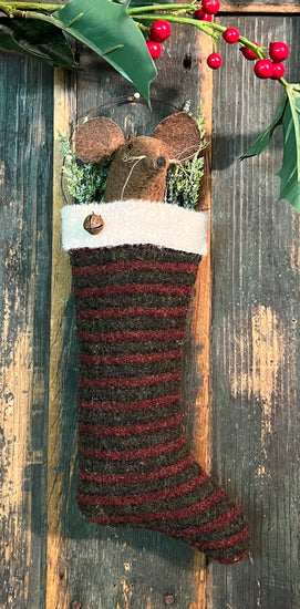 EC-24A Mouse in Wool Stocking - Red & Green Striped