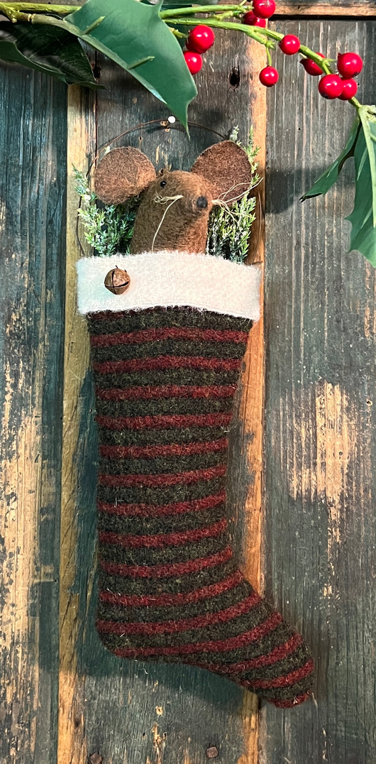 EC-24A Mouse in Wool Stocking - Red & Green Striped