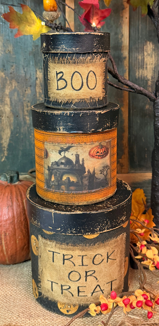 PEN-165 Small Aged Halloween Fabric Covered Boxes - Set of 3