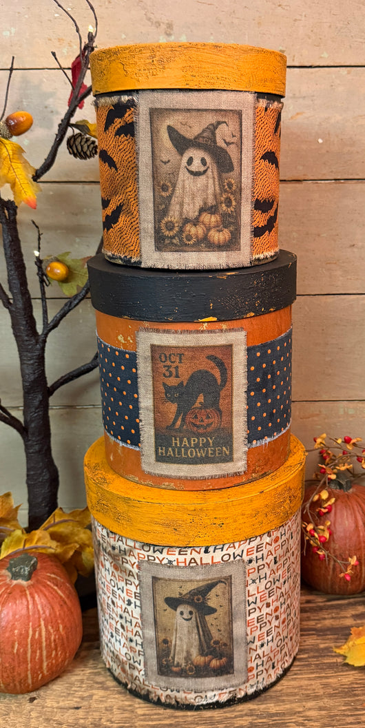 DD-309 Large Aged Halloween Fabric Covered Boxes - Set of 3