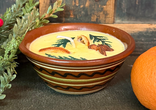 NV-C4 Soy Candle in Redware Bowl with Slip Design - Evergreen & Citrus