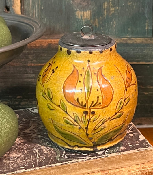 GMS-1730 Shooner Redware Tin Lidded Tulips Seed Jar