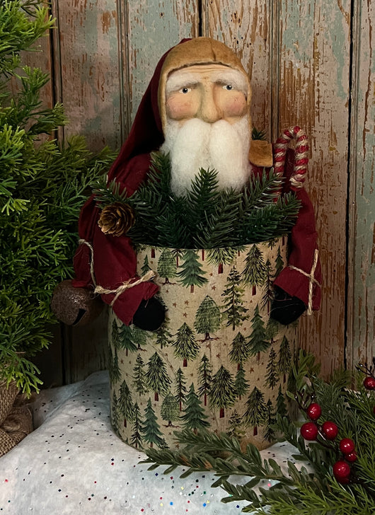 OTC-S03 Santa in Red Wool Coat in Tree Can with Candy Cane