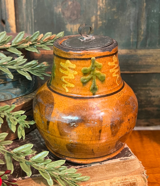 GMS-1732 Shooner Redware Tin Lidded Trees Seed Jar
