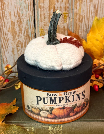 PB-700 Painted Box with Fabric Image & White Wool Pumpkin