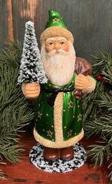 PPT-04 Green Santa with Tree Paper Mache Figurine