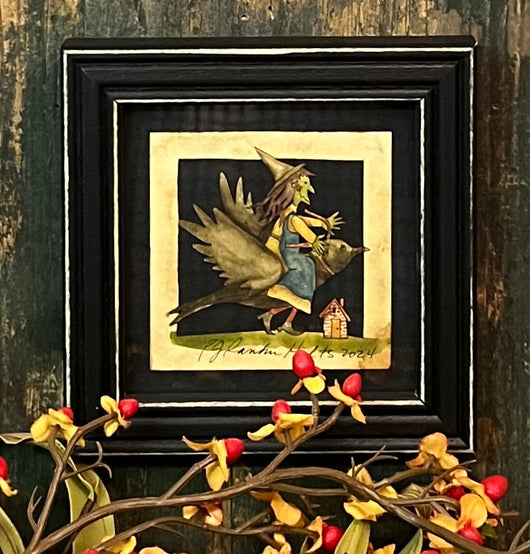 PJH-386 Witch on Crow Framed Paper Cutting