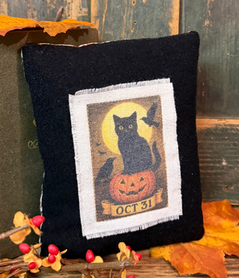 DD-312B Wool Pillow with Fabric Image - Black Cat Oct 31st