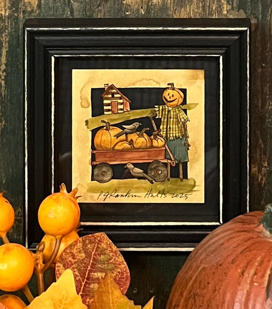 PJH-390 Scarecrow with Wagon of Pumpkins Framed Paper Cutting