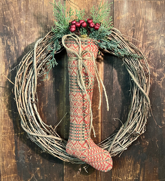 TBH-32A Coverlet Stocking on Twig Wreath with Faux Greens