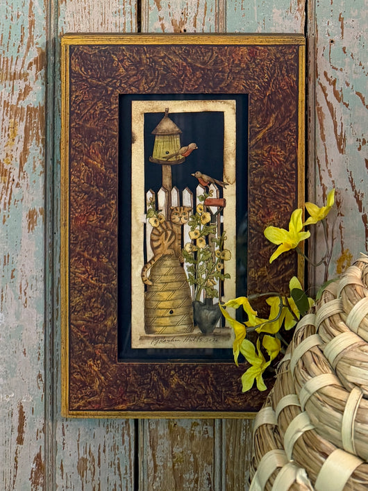 PJH-423 Cat on Beeskep Framed Paper Cutting