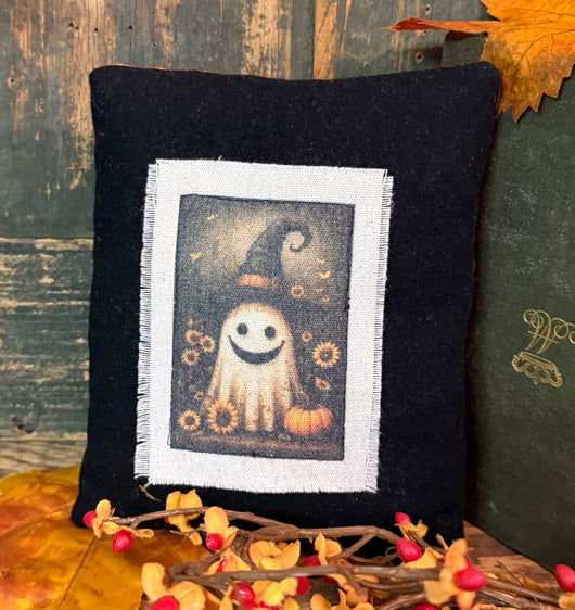 DD-312D Wool Pillow with Fabric Image - Ghost with Pumpkin