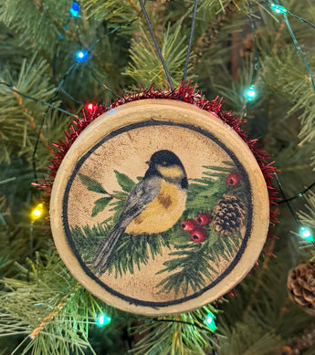 PEN-228C Painted Box Ornament with Fabric Chickadee
