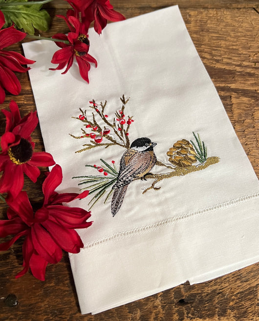 PH-89C Embroidered Chickadee with Pinecone Towel