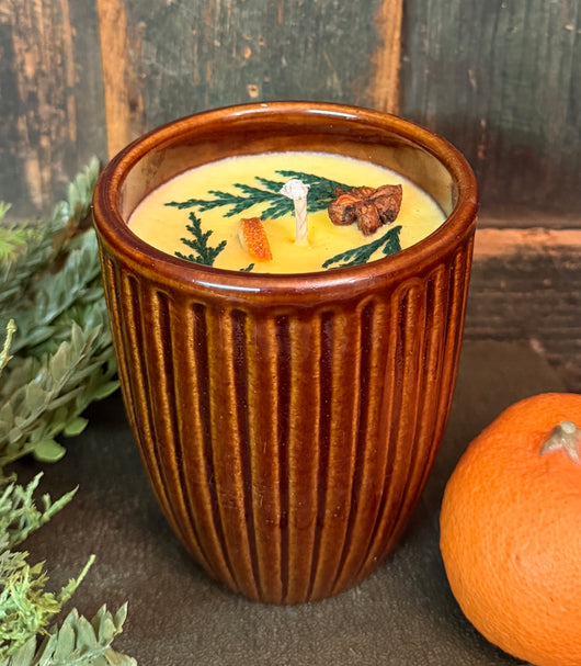 NV-C2 Soy Candle in Brown Ribbed Custard Cup - Evergreen & Citrus