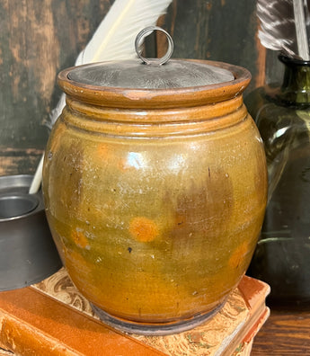 GMS-1561 Shooner Redware Tin Lidded Covered Jar - Green Glaze