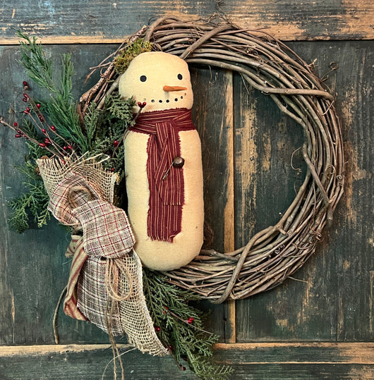 TBH-31A Fabric Snowman on Twig Wreath with Faux Greens