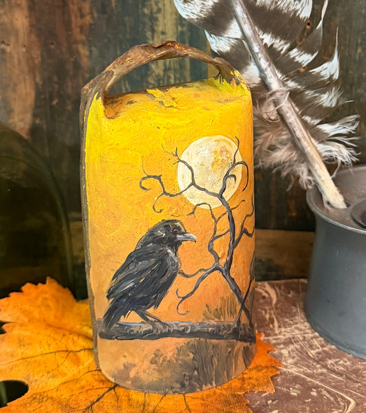 TPA-23 Hand-painted 'Crow & Moon’ on Antique Iron Cowbell