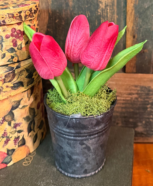 LV-MT-P Potted Real Touch Tulips in Tin Pot - Pink