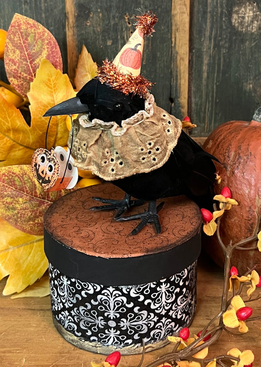SW-04 Paper Mache Halloween Box with Crow - Black Box