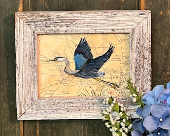 MKM-250 'Blue Heron on Old Map' ORIGINAL Painting by MK Moulton
