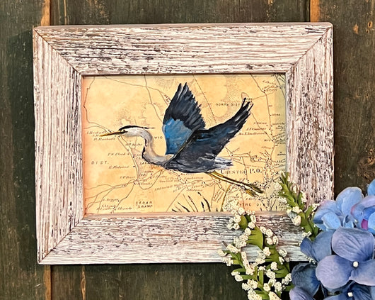 MKM-250 'Blue Heron on Old Map' ORIGINAL Painting by MK Moulton