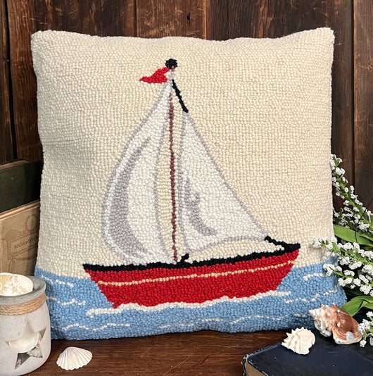 PH-150 Sailboat Wool Hooked Pillow