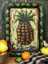 NV-943 Hand-painted Tin "Pineapple Welcome" Tole Painted Tray