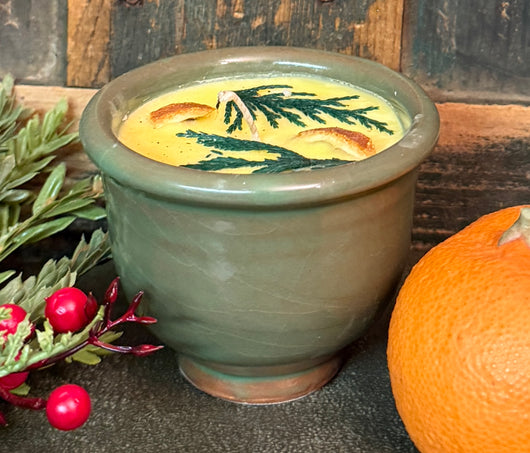 NV-C6 Soy Candle in Redware Green Custard Cup - Evergreen & Citrus