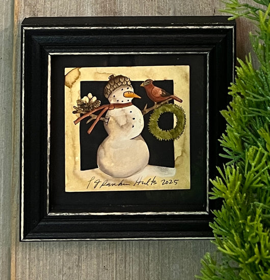 PJH-412 Snowman with Wreath Framed Paper Cutting