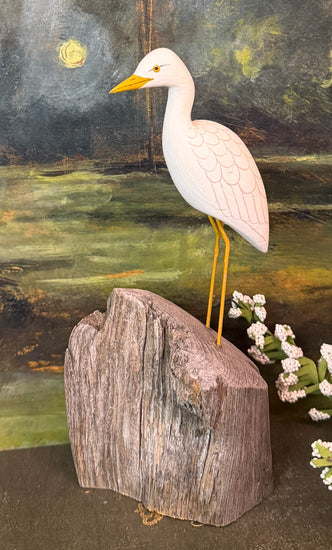 BCF-03 Hand-Carved & Painted Egret on Driftwood