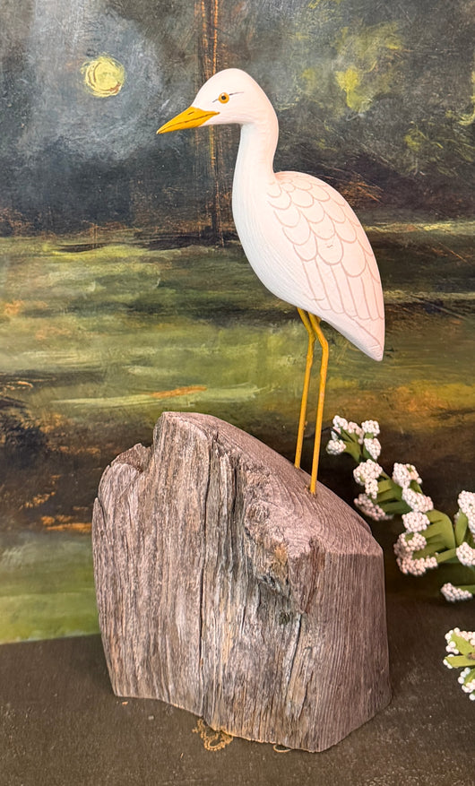 BCF-03 Hand-Carved & Painted Egret on Driftwood