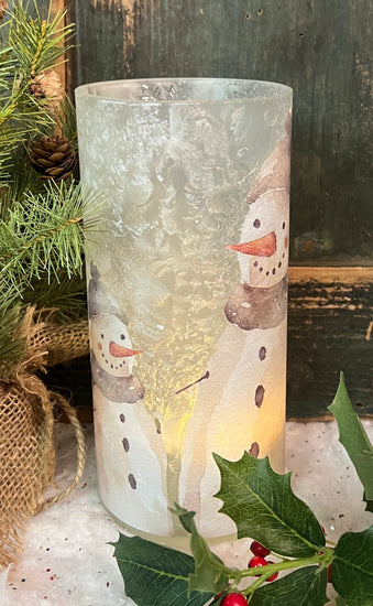 NET-48L Large Glass Candle Holder with Snowmen Design