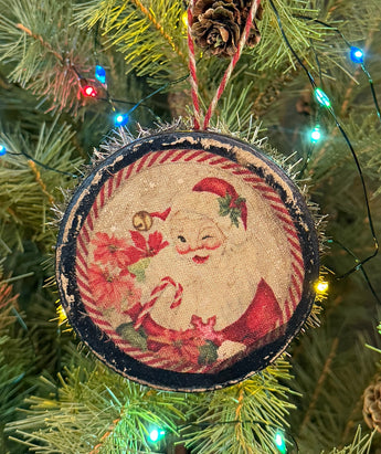 PEN-226 Painted Box Ornament with Fabric Santa - image will vary slightly