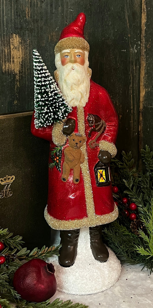 PPT-12 Red Santa with Bear Paper Mache Figurine
