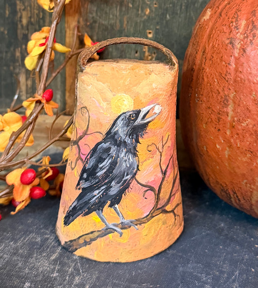 TPA-18 Hand-painted 'Crow with Pearl’ on Antique Iron Cowbell